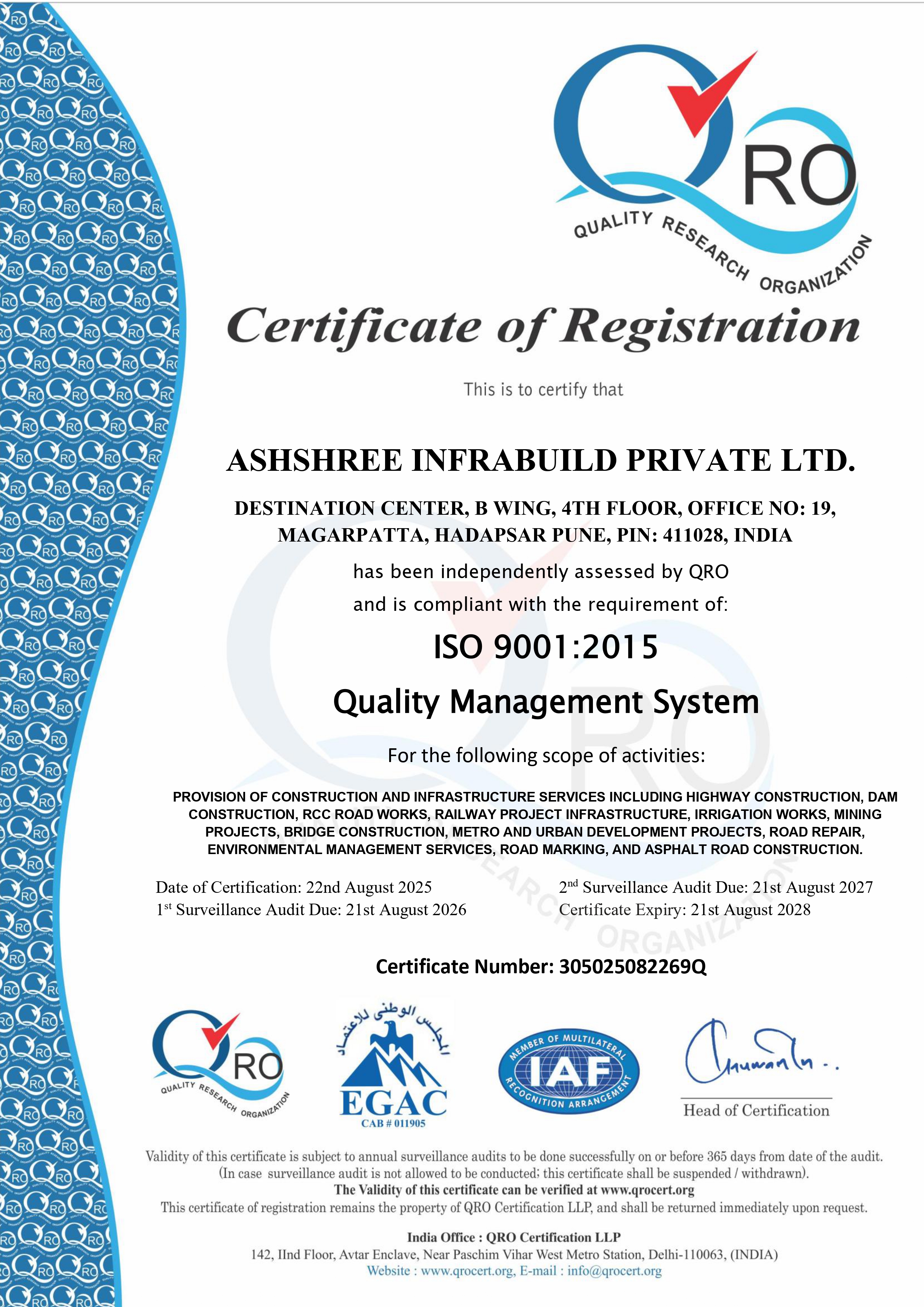 ISO 9001:2015 Certificate - Ashshree Infrabuild Pvt. Ltd.